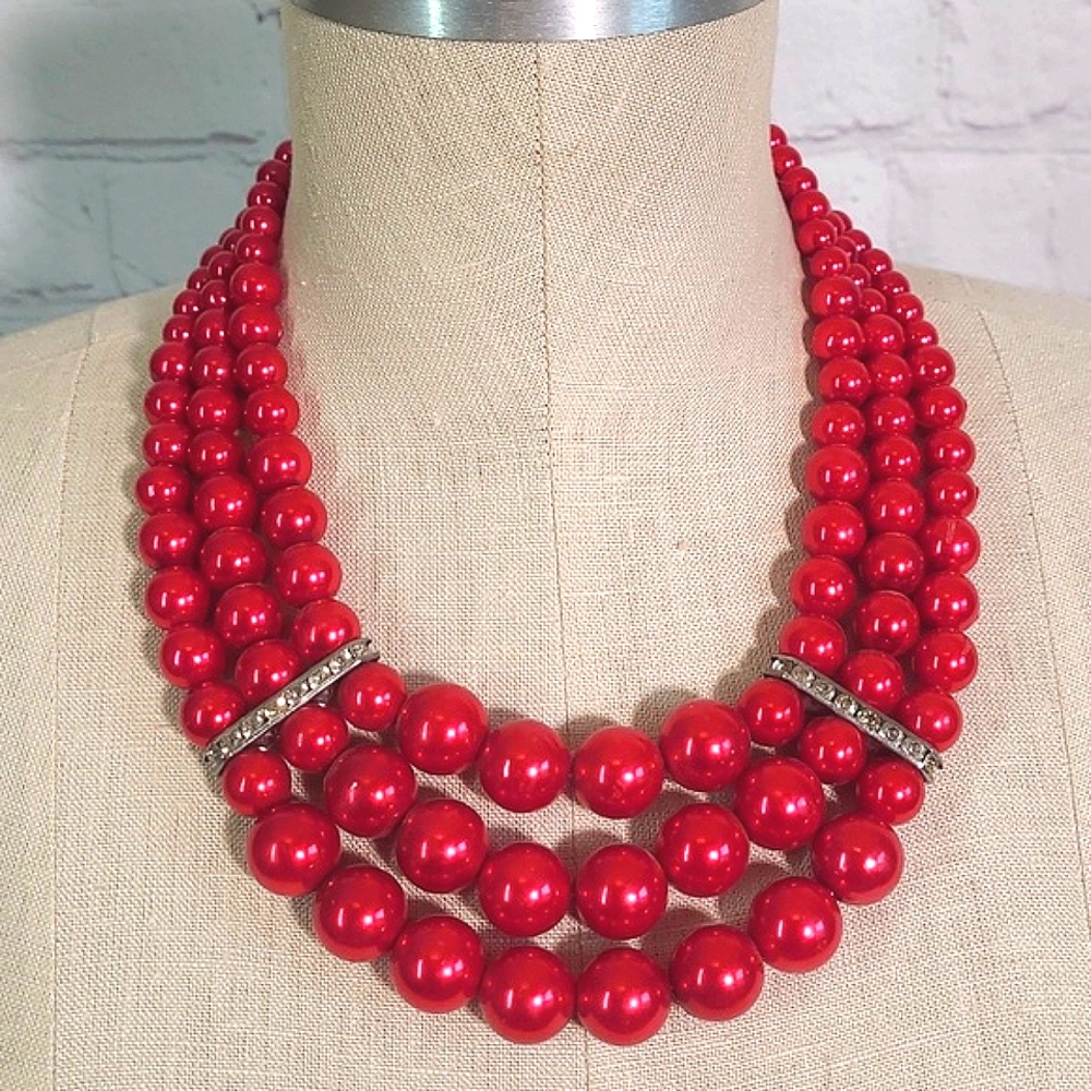 Kosmos Costume Jewelry Cranberry Blood Red Faux Pearl Three Strand Rhinestone